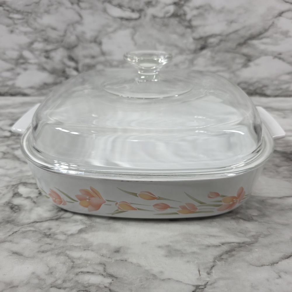 Vintage Corning Ware Peach Floral A-10-B 2.5L Casserole Dish w/ Glass Lid Read